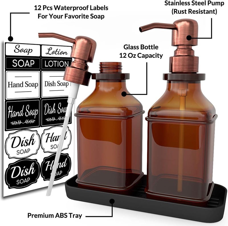 LMQML Soap Dispenser - 2 Pack, Antique Design Thick Amber Glass Hand Soap Dispensers with Sturdy Tray; 304 Rust Proof Stainless Steel Black Pump, 12Pcs Stickers, for Kitchen, Bathroom -Brushed Copper - Image 2